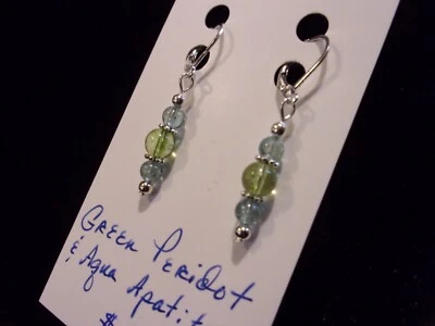 925 Soft Natural Green Peridot & Natural Aqua  Apatite Leverback Earrings - Image 1 of 4