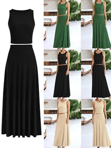 Women's Maxi Skirt Sets Knit Cropped Tank Top High Waisted Long Skirts Outfit - Picture 1 of 22