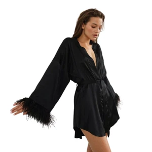 Satin Bathrobes Feather Sexy Mini Dress Long Sleeve Women Robe Fashion Loose - Picture 1 of 16