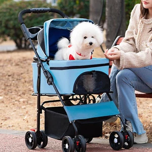 Dog Stroller Pet Travel Carriage W/Foldable Carrier Cart &Cup Holder 4Wheeler - Picture 1 of 12