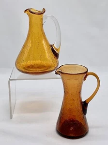 Vintage Pilgrim Glass Amber Brown Crackle Mini Pitchers Set of 2 - Picture 1 of 10
