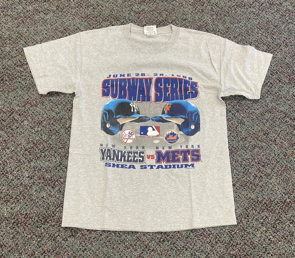 Metro serie T vintage New York Yankees Mets 1998 talla corta grande gris usado  Foto 1 de 4