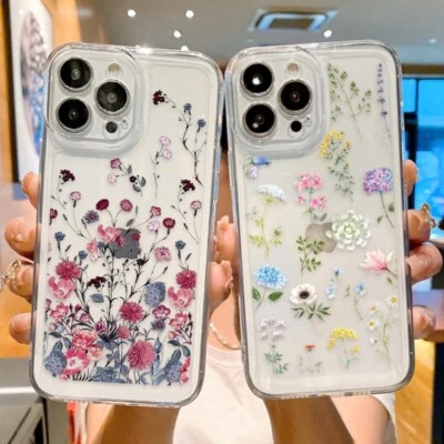 For iPhone 15 14 Pro Max 13 12 Shockproof Flower Silicone Transparent Case Cover - Image 1 of 4