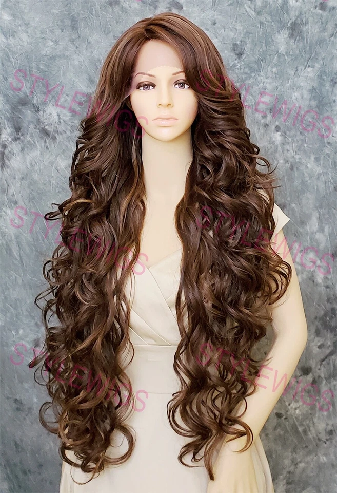 Blonde/Brown/Auburn Extra Long Loose Curly Lace Front Human Hair Blend Wig EVEZ - Image 1 of 4