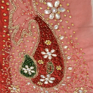 Sanskriti Vintage Combo Of Design Fabric Hand Beads Net Mesh Dark Red Craft - Picture 1 of 10