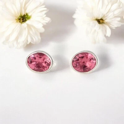 925 Sterling Silver Pink Tourmaline Gemstone Jewelry Cufflinks 0.59" For Wedding - Image 1 of 4