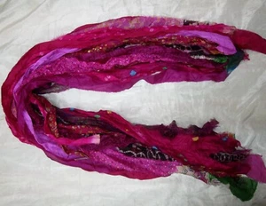 ON 12 yard Unstitched Recycled PURE Silk Sari Ribbon Yarn tassels Magenta SKEINS - Picture 1 of 5