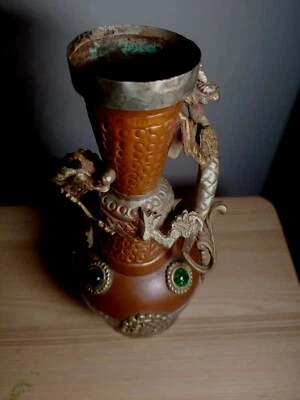 Винтажная ваза с двойным драконом из меди и латуни с голубыми камнями восточное искусство сурахи - Изображение 1 из 4