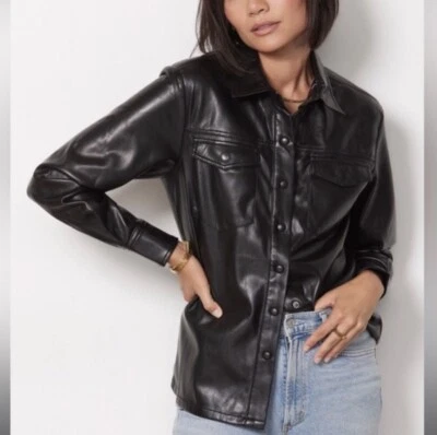 Camisa chaqueta utilitaria Good American negra de cuero sintético para mujer talla 2 (mediana) nueva sin etiquetas Foto 1 de 4