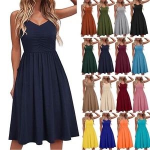 Women Sleeveless Summer Beach Dress Solid A Line Spaghetti Strap Short Sundress - Picture 1 of 40