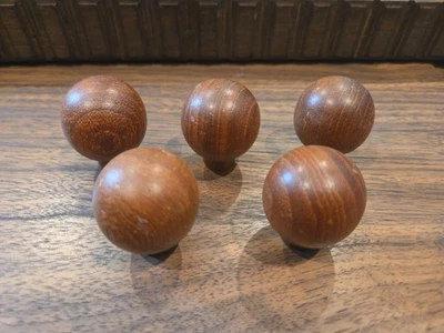 Vintage 1 3/8 " Solid Teak Ball Cabinet Knobs-New Old Stock- set of 5 - Image 1 of 4