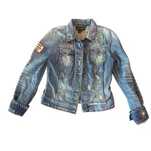 Vintage Lucky Legends Denim Jacket Embroidered Hippie Boho Distressed Patch - Picture 1 of 6