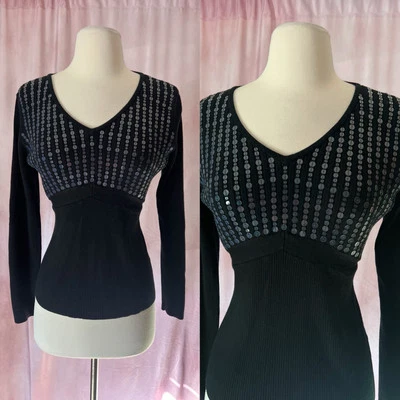 Vintage Y2K 90s Top Large Black Sequin Knit Ribbed Sweater Whimsigoth Fairy Goth - Image 1 of 4