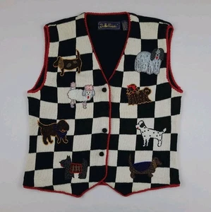 Vintage 90s Dog Stitched Beaded Checker Pattern Sweater Vest Pet Animals Worn* - Picture 1 of 9