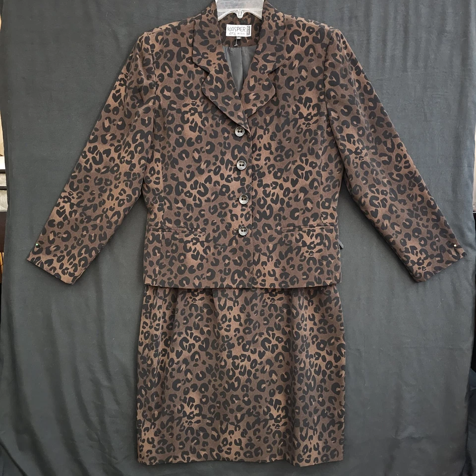 Kasper ASL 2Pc Skirt Suit WOMENS SIZE 14 PETITE 14P Leopard Animal Print Brown - Image 1 of 4