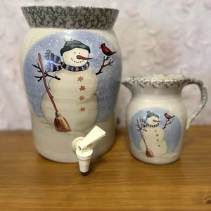 Dispensador de bebidas y jarra de cerámica vintage Marshall Pottery Texas muñeco de nieve firmado - Imagen 1 de 12