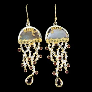 925 Sterling Silver Earrings Pear Mozambique Mop Jellyfish Gemstone Jewelry - Picture 1 of 13