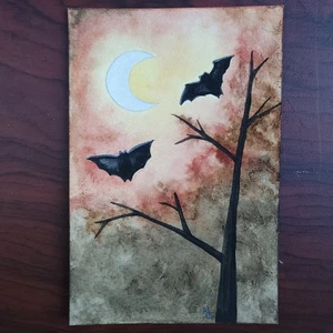 Original Aquarell Gemälde Herbst Halloween Fledermäuse Mond Schimmer Mondlicht 4x6 - Bild 1 von 3