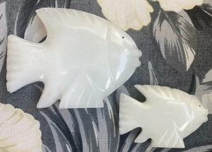 Two Hand-carved white onyx stone rock reef fish black eyes paperweight - Picture 1 of 7