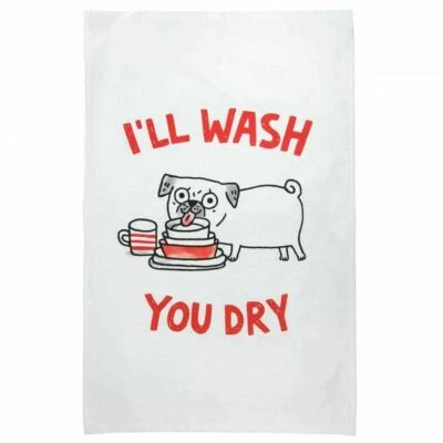 OHH DEER Gemma Correll Pug Tea Towel I'll Wash You Dry Cute Dog 100% Cotton Cloth UK Made