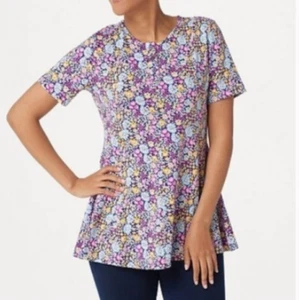 Denim & Co Beautiful Lavender/blue jersey knit Short Sleeve Spring Top 1XL NEW - Picture 1 of 10