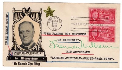 #931 Franklin D. Roosevelt 1945 FDC - Autographed by Governor Williams Michigan - Image 1 of 2