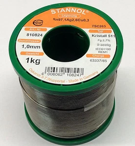 1 kg Stannol Kristall 511 Lötzinn 1,0mm 5-seelig Sn97,1Ag2,6Cu0,3 bleifrei - Picture 1 of 4