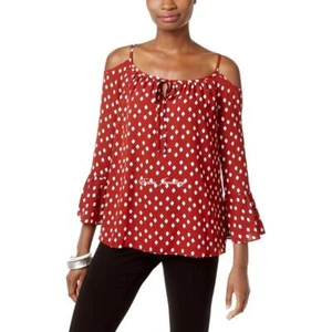 INC Intl Concepts Red Chiffon Printed Cold Shoulder Blouse Top Gridded Geo US 12 - Picture 1 of 1