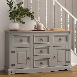 Corona Sideboard Grey 2 Door 5 Drawer Large - Mexican Solid Pine - Picture 1 of 5