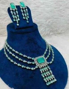 Indian Bollywood Silver Plated Ethnic AD CZ Jewelry Earrings Necklace Bridal Set - Picture 1 of 4
