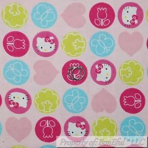BonEful Fabric FQ Cotton Flannel Pink HELLO KITTY Girl Flower Dot Aqua Blue RARE - Picture 1 of 8