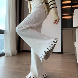 Women Knitted Trousers Knit Flared Bell Bottom Pants Stretch Raw Hem Fashion - Picture 1 of 15