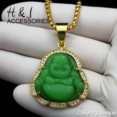 18-36" HOMBRE Acero Inoxidable 3mm Chapado en Oro Caja Cadena Jade Budda Colgante*AGJ117 Foto 1 de 4