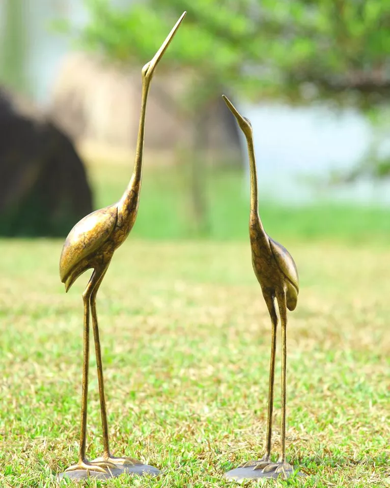Crane Pair Gold Bronze Garden Statues Sculptures Heron Bird Modern SPI Home