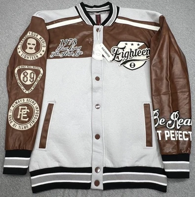 Plus Eighteen Jacket Mens Medium Gray Brown Varsity Bomber Faux Leather Sleeves - Image 1 of 4