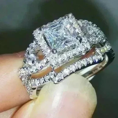 2.91Ct Lab Created Diamond Halo 14k White Gold Finish Engagement Bridal Ring Set - Image 1 of 3