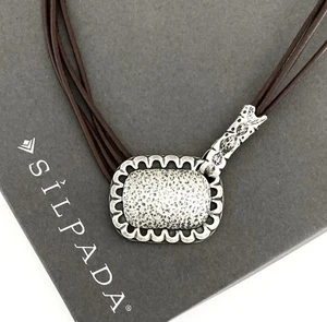 SILPADA Sterling Silver HAMMERED RECTANGLE Dark Brown Leather Necklace~#N1715 - Picture 1 of 5