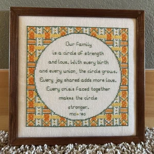 Vintage 1980 Completed Framed Cross Stitch Our Family is a Circle of Strength - Picture 1 of 3