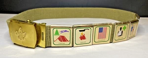 Vintage Boy Scouts of America Olive Green Belt, Brass Buckle, & Belt Loop Slides - Picture 1 of 10