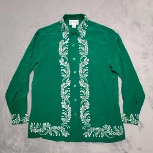 Diane Von Furstenberg Shirt Womens Small Green Silk Embroidered VTG Boho Floral - Picture 1 of 14