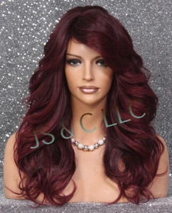 Heat OK Wavy Long Human hair blend full Wig Burgundy mix Bangs Layered WBPO - Picture 1 of 7