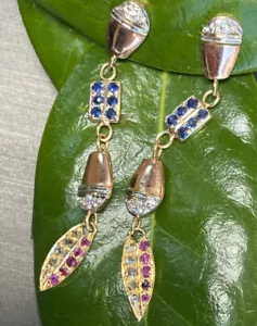 Vintage Diamond Ruby Sapphire Earrings Estate Fine Jewelry Pre-Owned 14K Gold - Picture 1 of 24