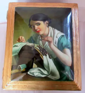 Scatola da cucire coperta vintage ritratto dipinto a mano 12" x 12" legno fatto a mano pizzo - Foto 1 di 11