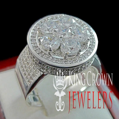 Conjunto de pavê masculino de ouro branco 14K com acabamento em cluster de flores anel de diamante de laboratório 3D elástico - Imagem 1 de 4