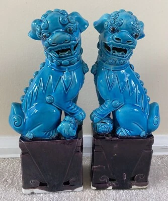 A Pair of Vintage Large Chinese Turquoise Blue Porcelain Foo Dogs/Lions 11.5"T - Image 1 of 4