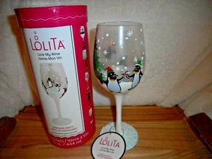 LOLITA 2019 PINGUIN PARTY HANDBEMALT 15 OZ. WEINGLAS HANDBEMALT NEU - Bild 1 von 6