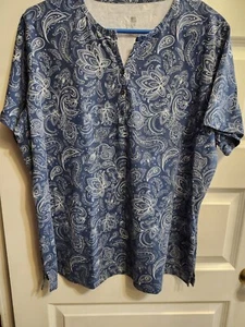 Vermont Country Store NWT Womens Xl Ocean Blue Paisley Henley Short Sleeves - Picture 1 of 8