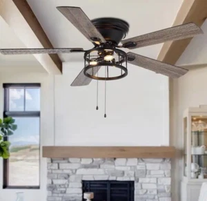 Breezary Ceiling Fan 52" Indoor Flush Mount Black W/ Light Kit + Pull Chain - Picture 1 of 3
