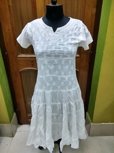 LONG FROCK 2XS XS 100% COTTON CHIKAN EMBROIDERY HANDMADE KURTI ETHNIC KURTA TOP - Picture 1 of 5