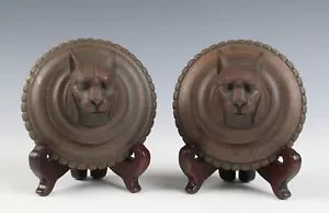 Pair Antique Bronze Art Deco Lion Panther Curtain Tieback Furniture Hardware Cat - Picture 1 of 9